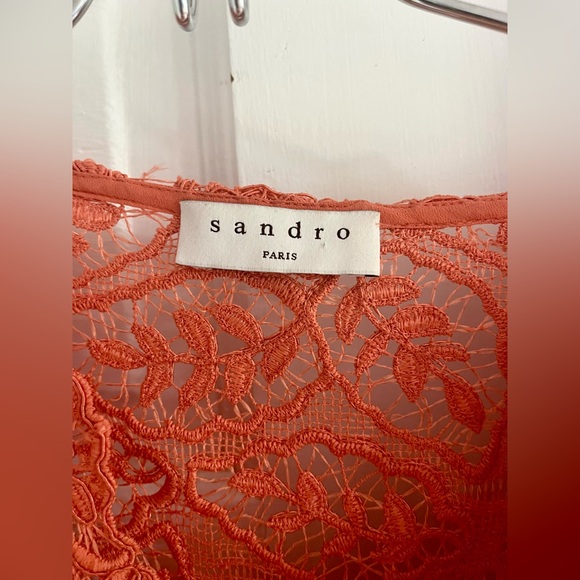 Sandro Lace Summer-Cocktail Coral Puff Sleeves Dress (French brand) - Picture 10 of 10